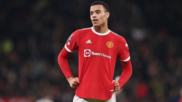 Manchester United's English striker Mason Greenwood geatures during the English FA Cup third round football match between Manchester United and Aston Villa at Old Trafford in Manchester, north-west England, on January 10, 2022. - RESTRICTED TO EDITORIAL USE. No use with unauthorized audio, video, data, fixture lists, club/league logos or 'live' services. Online in-match use limited to 120 images. An additional 40 images may be used in extra time. No video emulation. Social media in-match use limited to 120 images. An additional 40 images may be used in extra time. No use in betting publications, games or single club/league/player publications.