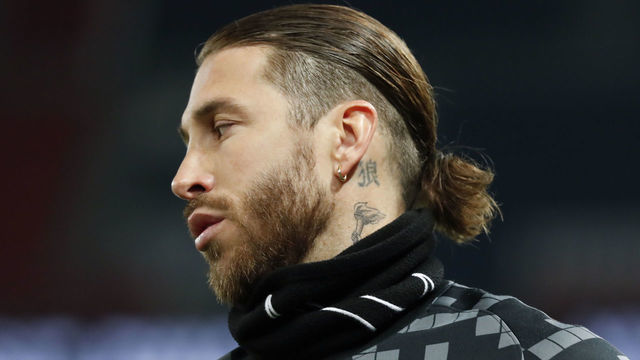 PARIS, FRANCE - JANUARY 23: Sergio Ramos #4 of Paris Saint-Germain warms up before the Ligue 1 Uber Eats match between Paris Saint-Germain and Stade de Reims on January 23, 2022 at Parc des Princes in Paris, France.