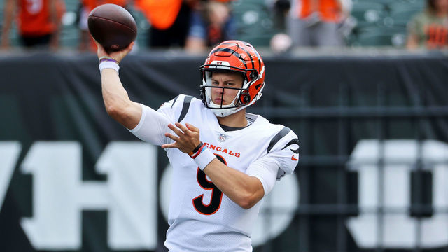 CINCINNATI, OHIO - AUGUST 29: Joe Burrow #9 of the Cincinnati Bengals warms up before the a preseason game against the Miami Dolphins at Paul Brown Stadium on August 29, 2021 in Cincinnati, Ohio.