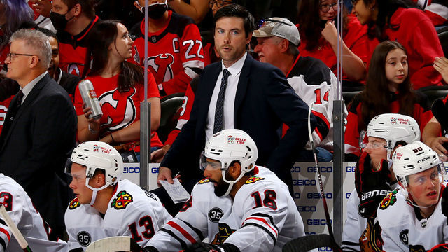 NEWARK, NEW JERSEY - OCTOBER 15: Chicago Blackhawks head coach Jeremy Colliton watches during a game against the New Jersey Devils at Prudential Center on October 15, 2021 in Newark, New Jersey.