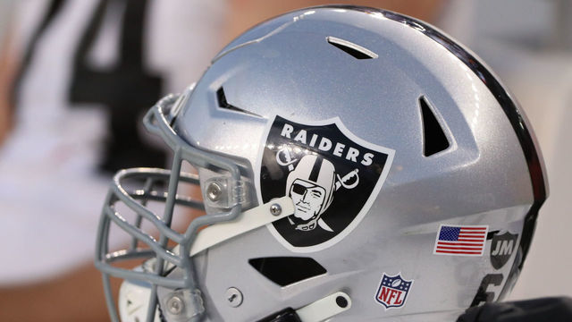 CINCINNATI, OH - JANUARY 15: A Las Vegas Raiders helmet sits during the Wild Card game against the Las Vegas Raiders and the Cincinnati Bengals on January 15, 2022, at Paul Brown Stadium in Cincinnati, OH.