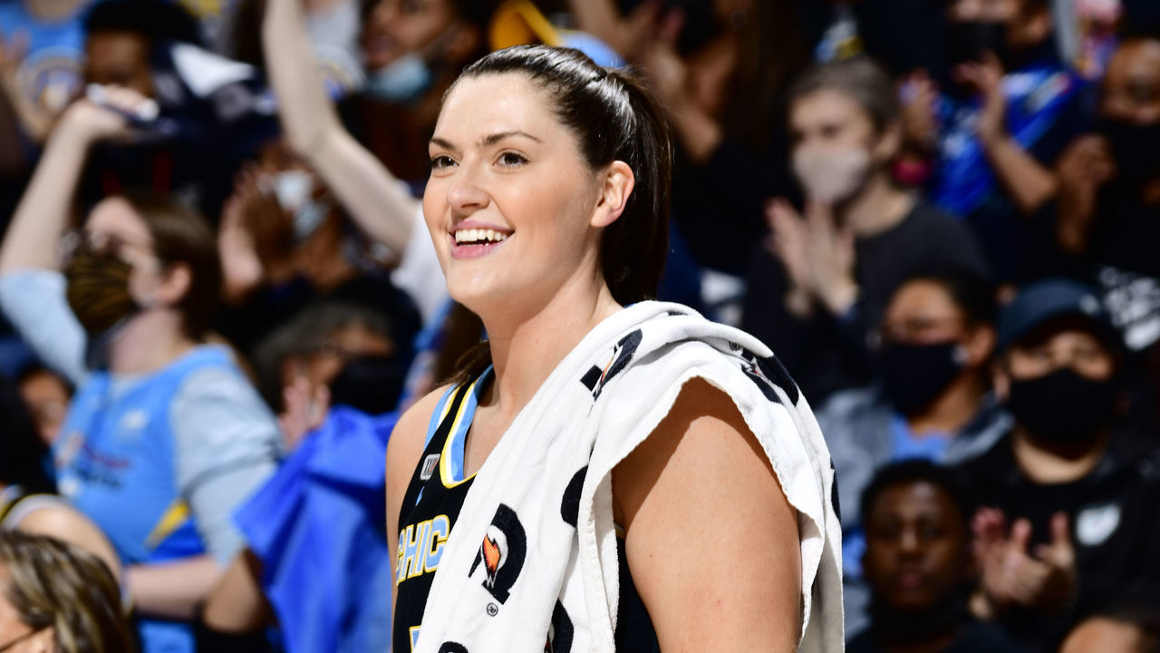 CHICAGO, IL - OCTOBER 15: Stefanie Dolson #31 of the Chicago Sky celebrates during Game Three of the 2021 WNBA Finals on October 15, 2021 at the Wintrust Arena in Chicago, Illinois. Mandatory Copyright Notice: Copyright 2021 NBAE