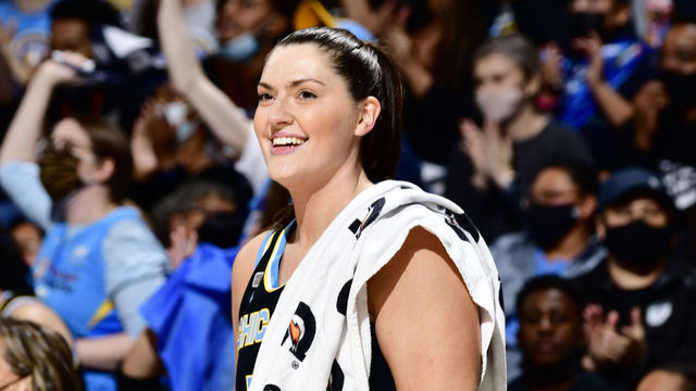 CHICAGO, IL - OCTOBER 15: Stefanie Dolson #31 of the Chicago Sky celebrates during Game Three of the 2021 WNBA Finals on October 15, 2021 at the Wintrust Arena in Chicago, Illinois. Mandatory Copyright Notice: Copyright 2021 NBAE