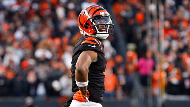 CINCINNATI, OH - JANUARY 15: Cincinnati Bengals wide receiver Ja'Marr Chase (1) looks at the scoreboard during the Wild Card game against the Las Vegas Raiders and the Cincinnati Bengals on January 15, 2022, at Paul Brown Stadium in Cincinnati, OH.