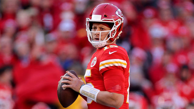 KANSAS CITY, MISSOURI - JANUARY 30: Quarterback Patrick Mahomes #15 of the Kansas City Chiefs drops back to pass against the Cincinnati Bengals during the first quarter in the AFC Championship Game at Arrowhead Stadium on January 30, 2022 in Kansas City, Missouri.
