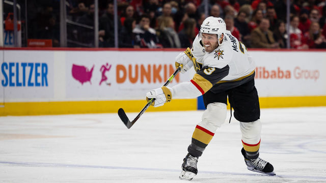 WASHINGTON, DC - JANUARY 24: Brayden McNabb #3 of the Vegas Golden Knights follows through on a shot against the Washington Capitals during the first period of the game at Capital One Arena on January 24, 2022 in Washington, DC.
