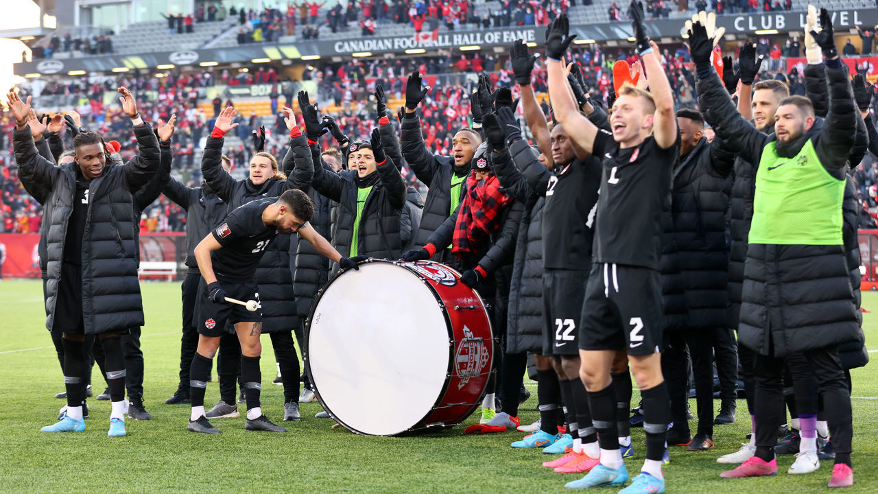 HAMILTON, ON - JANUARY 30: Canada celebrate after defeating the United States 2-0 following a 2022 World Cup Qualifying match at Tim Hortons Field on January 30, 2022 in Hamilton, Ontario, Canada.