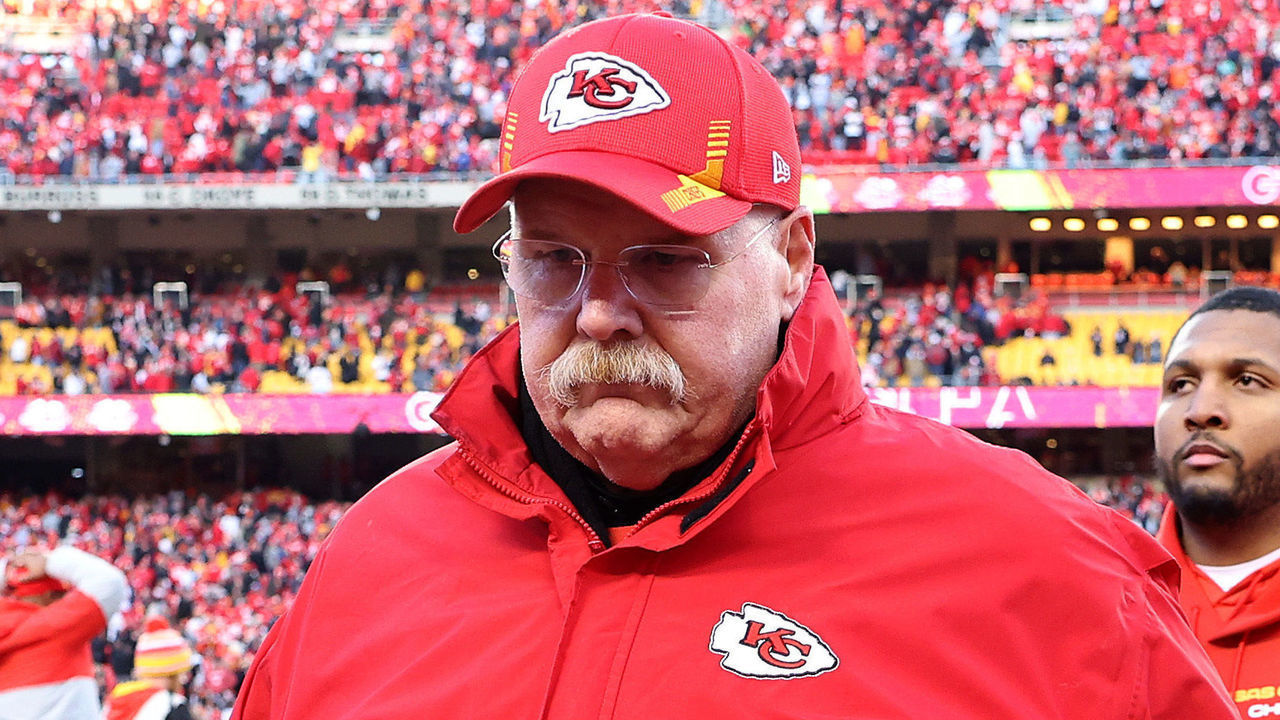 KANSAS CITY, MISSOURI - JANUARY 30: Head coach Andy Reid of the Kansas City Chiefs walks off the field following the Chiefs 27-24 loss to the Cincinnati Bengals in the AFC Championship Game at Arrowhead Stadium on January 30, 2022 in Kansas City, Missouri.