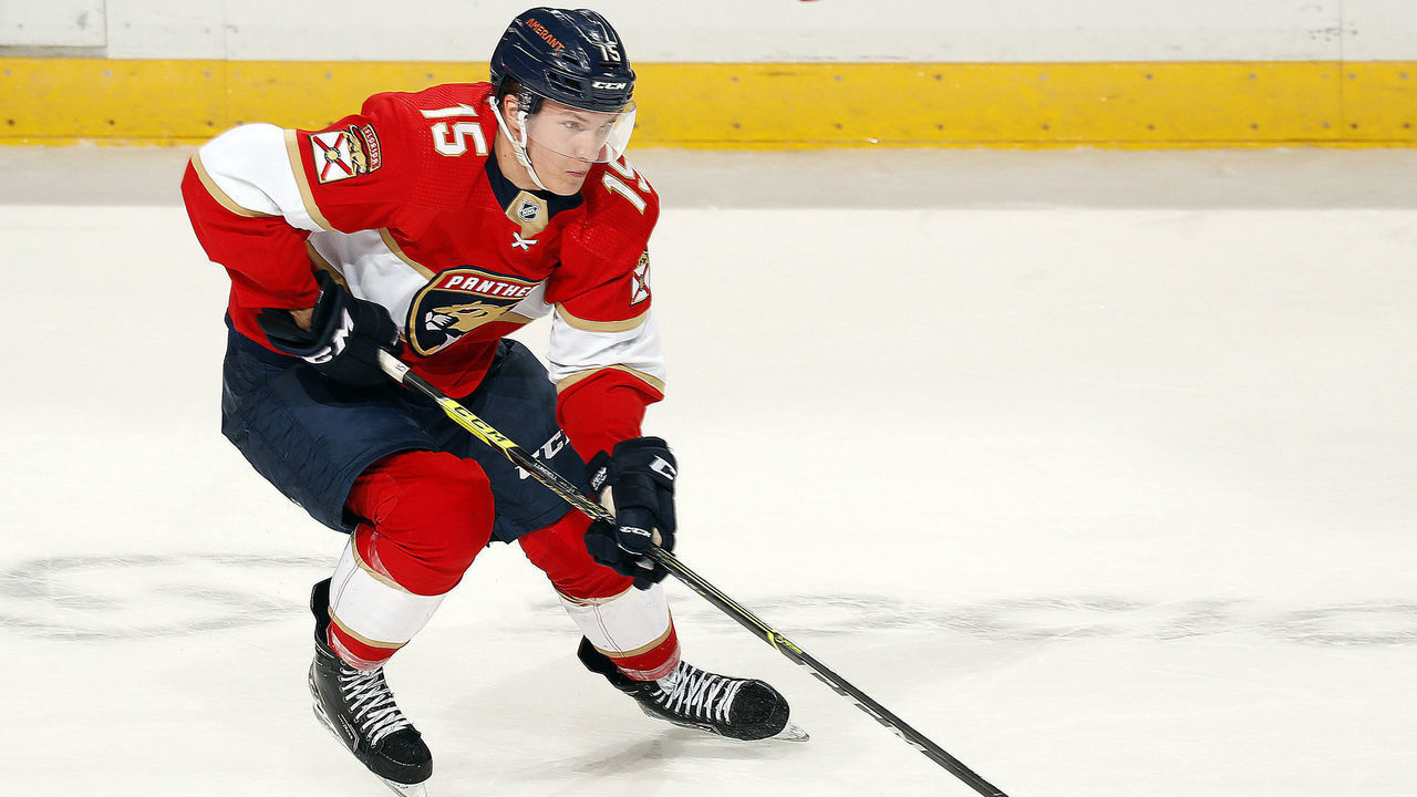 SUNRISE, FL - DECEMBER 14: Anton Lundell #15 of the Florida Panthers skates with the puck against the Ottawa Senators at the FLA Live Arena on December 14, 2021 in Sunrise, Florida.