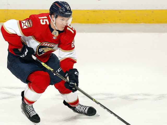 SUNRISE, FL - DECEMBER 14: Anton Lundell #15 of the Florida Panthers skates with the puck against the Ottawa Senators at the FLA Live Arena on December 14, 2021 in Sunrise, Florida.