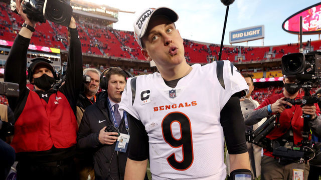 KANSAS CITY, MISSOURI - JANUARY 30: Quarterback Joe Burrow #9 of the Cincinnati Bengals reacts following the Bengals 27-24 overtime win against the Kansas City Chiefs in the AFC Championship Game at Arrowhead Stadium on January 30, 2022 in Kansas City, Missouri.