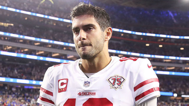 INGLEWOOD, CALIFORNIA - JANUARY 30: Jimmy Garoppolo #10 of the San Francisco 49ers walks off the field after being defeated by the Los Angeles Rams in the NFC Championship Game at SoFi Stadium on January 30, 2022 in Inglewood, California. The Rams defeated the 49ers 20-17.