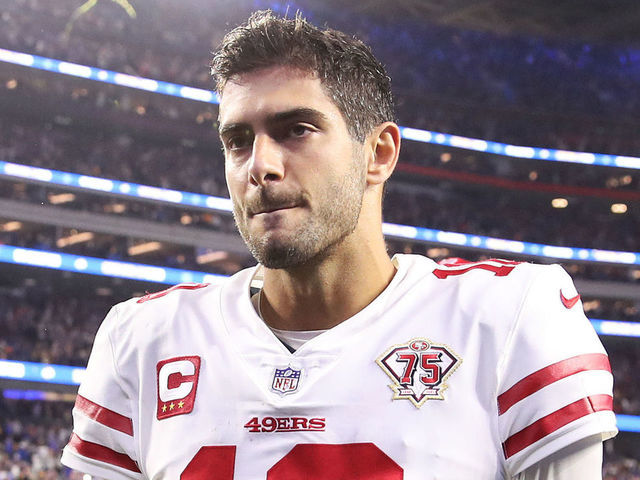 INGLEWOOD, CALIFORNIA - JANUARY 30: Jimmy Garoppolo #10 of the San Francisco 49ers walks off the field after being defeated by the Los Angeles Rams in the NFC Championship Game at SoFi Stadium on January 30, 2022 in Inglewood, California. The Rams defeated the 49ers 20-17.