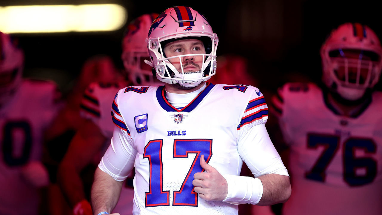 KANSAS CITY, MISSOURI - JANUARY 23: Josh Allen #17 of the Buffalo Bills takes the field prior to the AFC Divisional Playoff game against the Kansas City Chiefs at Arrowhead Stadium on January 23, 2022 in Kansas City, Missouri.