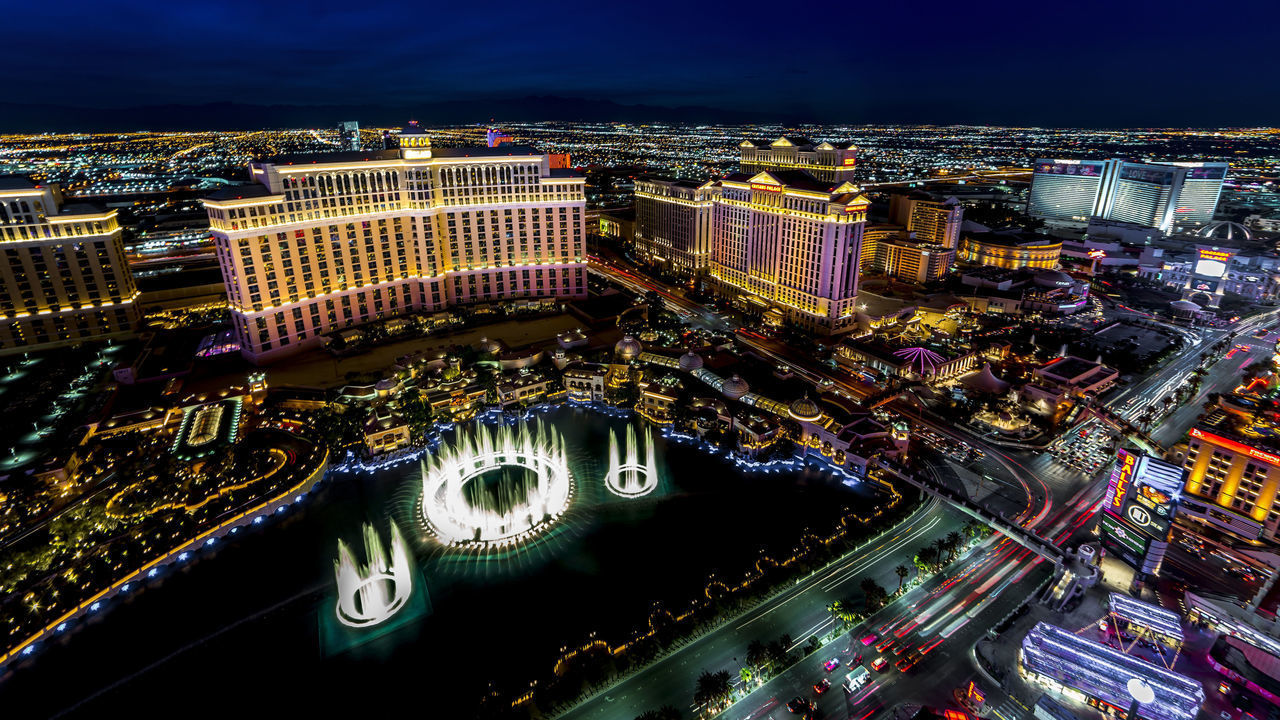 Panoramic View of Las Vegas Nevada at night with neon from Paris Eifel Tower view spot. (Photo by: Visions of America/Education Images/Universal Images Group via Getty Images)