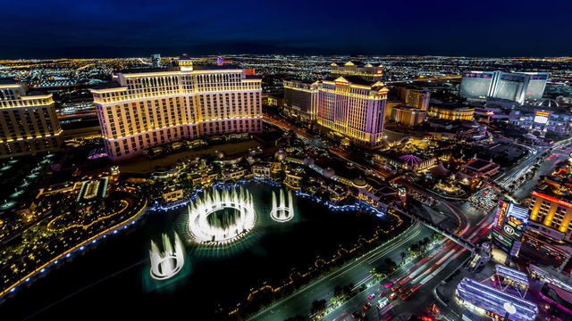 Panoramic View of Las Vegas Nevada at night with neon from Paris Eifel Tower view spot. (Photo by: Visions of America/Education Images/Universal Images Group via Getty Images)