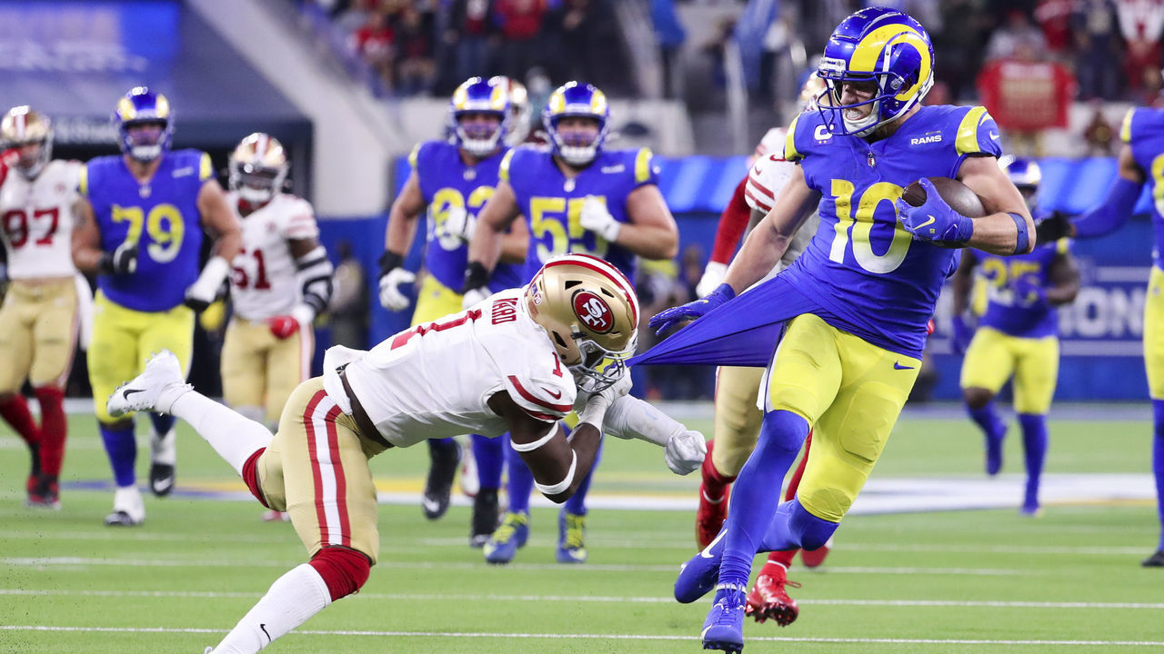 Los Angeles, CA - January 30: San Francisco 49ers free safety Jimmie Ward (1) tries to tackle Los Angeles Rams wide receiver Cooper Kupp (10) in the NFC Championships at SoFi Stadium on Sunday, Jan. 30, 2022 in Los Angeles, CA. (Allen J. Schaben / Los Angeles Times via Getty Images)