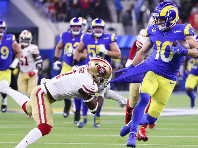 Los Angeles, CA - January 30: San Francisco 49ers free safety Jimmie Ward (1) tries to tackle Los Angeles Rams wide receiver Cooper Kupp (10) in the NFC Championships at SoFi Stadium on Sunday, Jan. 30, 2022 in Los Angeles, CA. (Allen J. Schaben / Los Angeles Times via Getty Images)
