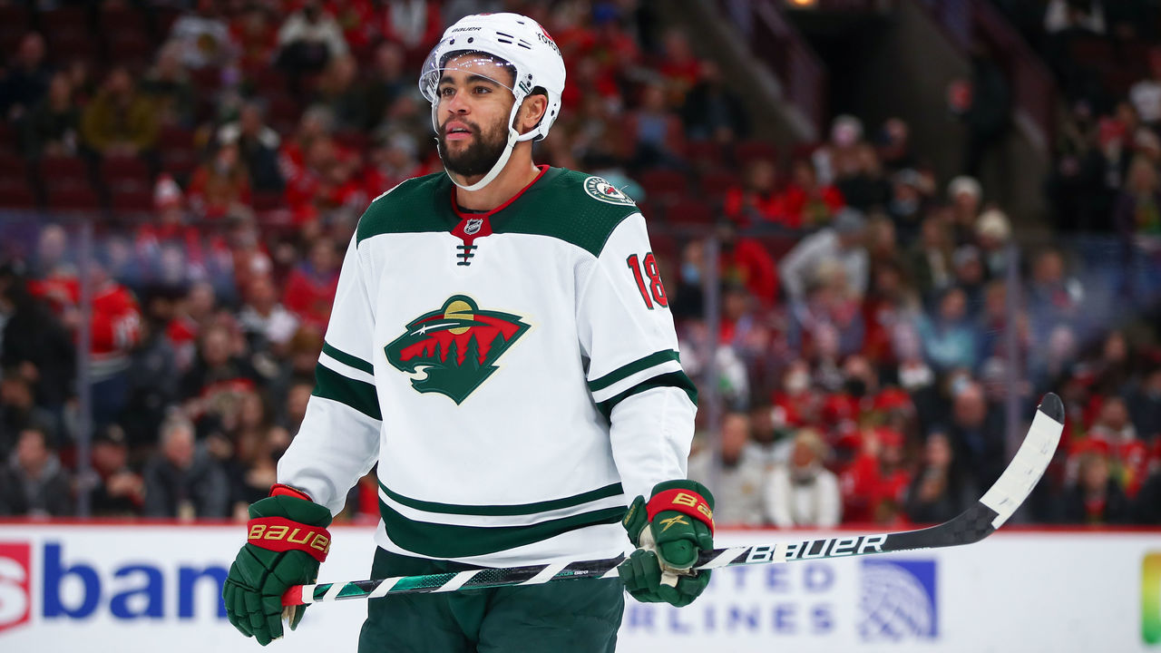 CHICAGO, IL - JANUARY 21: Minnesota Wild Left Wing Jordan Greenway (18) looks on during a game between the Minnesota Wild and the Chicago Blackhawks on January 21, 2022 at the United Center in Chicago, IL.