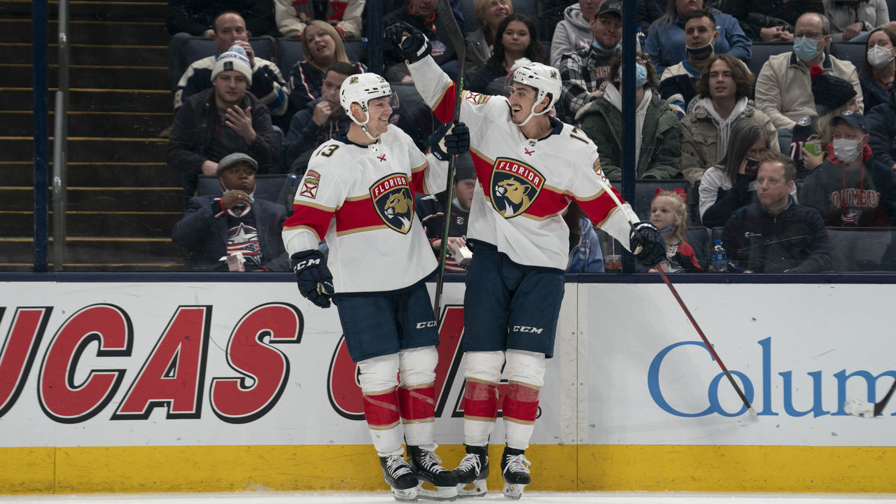 COLUMBUS, OH - JANUARY 31: Florida Panthers center Sam Reinhart #13 and Florida Panthers left wing Mason Marchment #17 celebrate a goal during the game between the Columbus Blue Jackets and the Florida Panthers at Nationwide Arena in Columbus, Ohio on January 31, 2022.