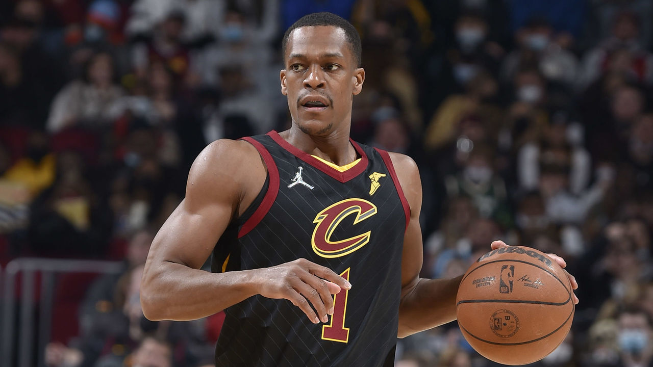 CLEVELAND, OH - JANUARY 26: Rajon Rondo #1 of the Cleveland Cavaliers dribbles the ball during the game against the Milwaukee Bucks on January 26, 2022 at Rocket Mortgage FieldHouse in Cleveland, Ohio. NOTE TO USER: User expressly acknowledges and agrees that, by downloading and/or using this Photograph, user is consenting to the terms and conditions of the Getty Images License Agreement. Mandatory Copyright Notice: Copyright 2022 NBAE