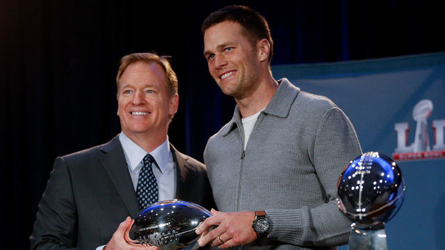 HOUSTON, TX - FEBRUARY 06: NFL Commissioner Roger Goodell, left, and New England Patriots' Tom Brady with the Pete Rozelle MVP Trophy during the Super Bowl Winner and MVP press conference on February 6, 2017 in Houston, Texas.