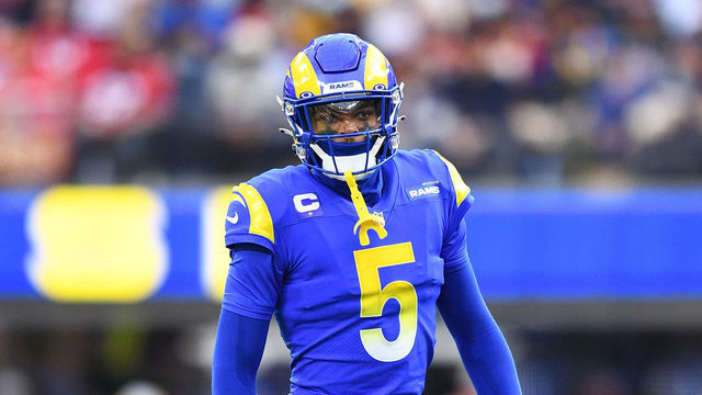INGLEWOOD, CA - JANUARY 09: Los Angeles Rams Cornerback Jalen Ramsey (5) looks on during the NFL game between the San Francisco 49ers and the Los Angeles Rams on January 9, 2022, at SoFi Stadium in Inglewood, CA.