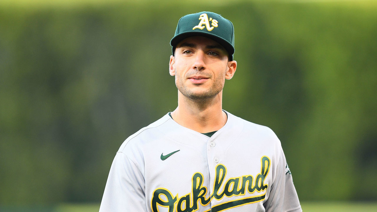ANAHEIM, CA - SEPTEMBER 18: Oakland Athletics first baseman Matt Olson (28) looks on during the MLB game between the Oakland Athletics and the Los Angeles Angels of Anaheim on September 18, 2021 at Angel Stadium of Anaheim in Anaheim, CA.