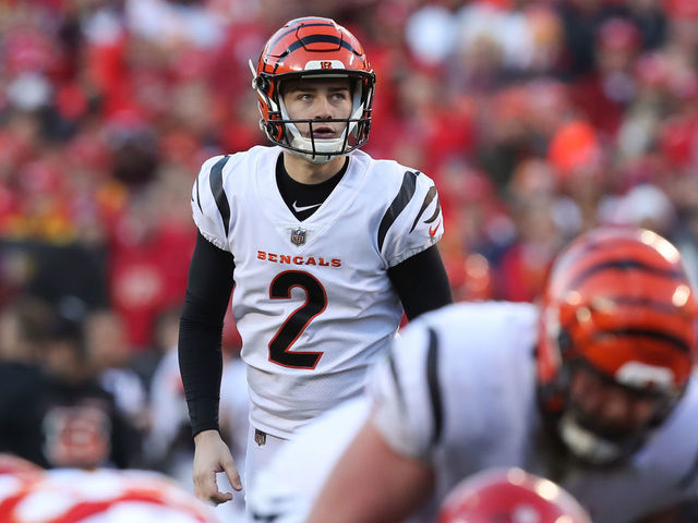 KANSAS CITY, MO - JANUARY 30: Cincinnati Bengals kicker Evan McPherson (2) looks up before making a 31-yard field goal in the third quarter of the AFC Championship game between the Cincinnati Bengals and Kansas City Chiefs on Jan 30, 2022 at GEHA Field at Arrowhead Stadium in Kansas City, MO.