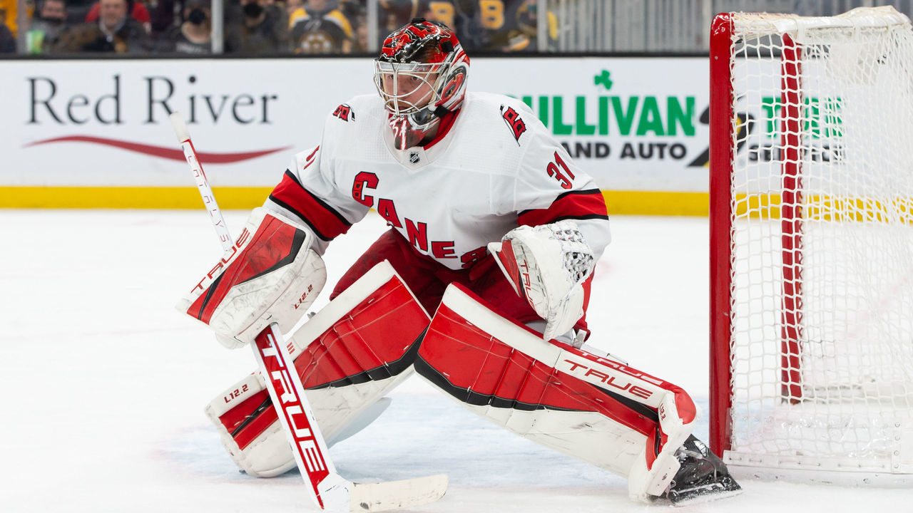 BOSTON, MA - JANUARY 18: Frederik Andersen #31 of the Carolina Hurricanes tends goal during the first period against the Boston Bruins at the TD Garden on January 18, 2022 in Boston, Massachusetts. The Hurricanes won 7-1.