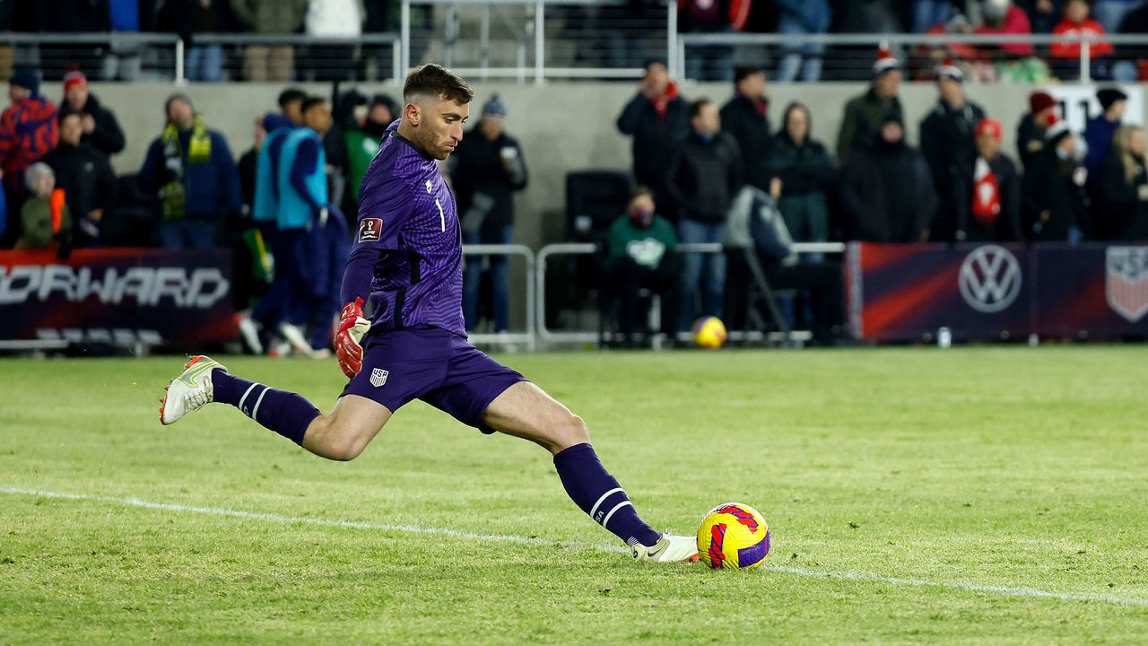 COLUMBUS, OH - JANUARY 27: Matt Turner #1 of the United States kicks the ball during the World Cup qualifying game against El Salvador at Lower.com Field on January 27, 2022 in Columbus, Ohio.