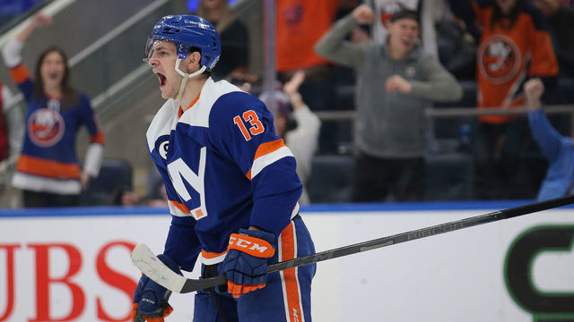 ELMONT, NEW YORK - FEBRUARY 1: Mathew Barzal #13 of the New York Islanders celebrates his goal against the Ottawa Senators during the second period at UBS Arena on February 1, 2022 in Elmont, New York.