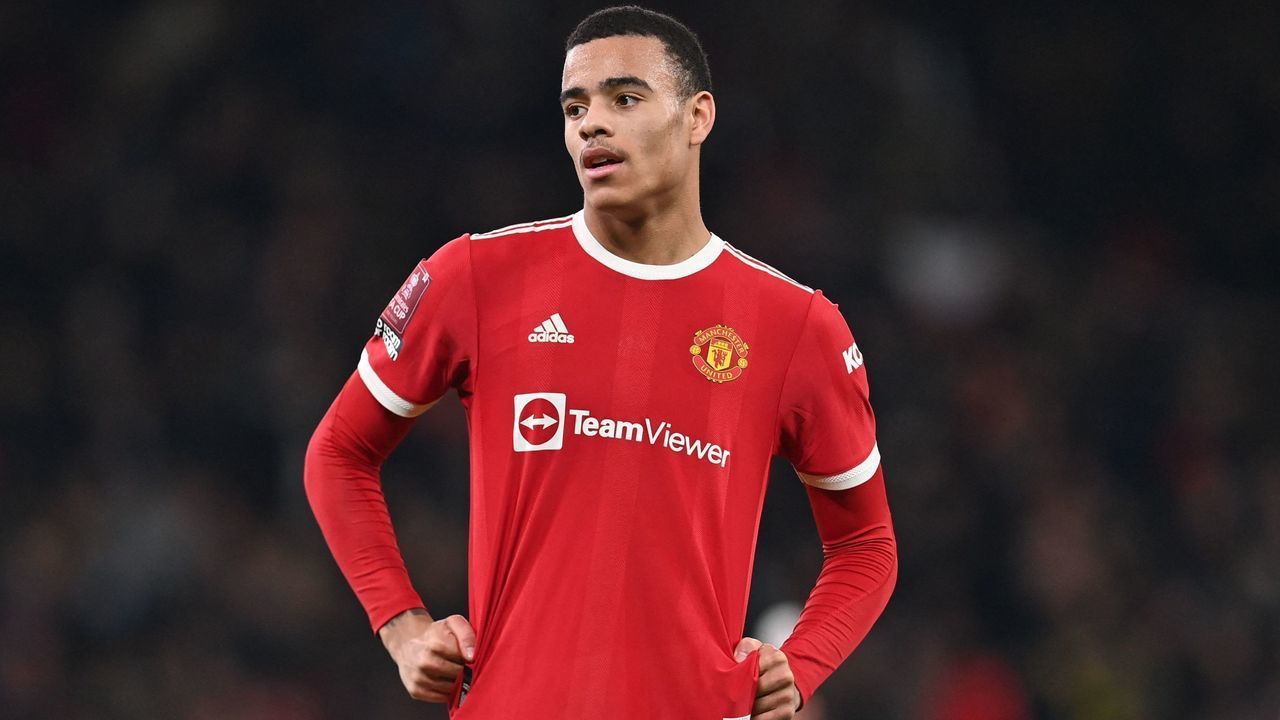Manchester United's English striker Mason Greenwood geatures during the English FA Cup third round football match between Manchester United and Aston Villa at Old Trafford in Manchester, north-west England, on January 10, 2022. - RESTRICTED TO EDITORIAL USE. No use with unauthorized audio, video, data, fixture lists, club/league logos or 'live' services. Online in-match use limited to 120 images. An additional 40 images may be used in extra time. No video emulation. Social media in-match use limited to 120 images. An additional 40 images may be used in extra time. No use in betting publications, games or single club/league/player publications.