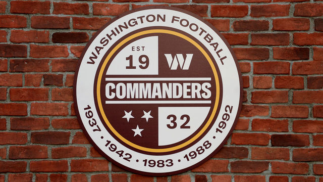 LANDOVER, MARYLAND - FEBRUARY 02: A detailed view of a Washington Commanders logo during the announcement of the Washington Football Team's name change to the Washington Commanders at FedExField on February 02, 2022 in Landover, Maryland.
