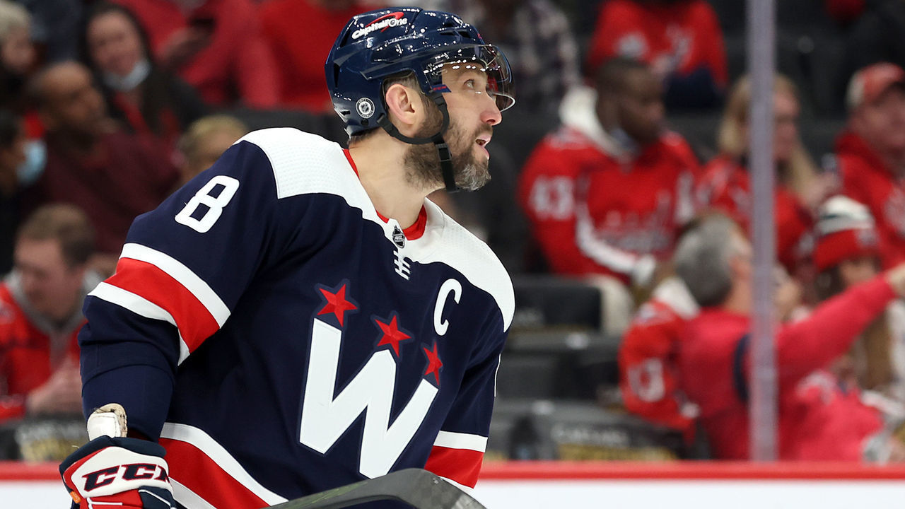 WASHINGTON, DC - JANUARY 26: Alex Ovechkin #8 of the Washington Capitals look on against the San Jose Sharks at Capital One Arena on January 26, 2022 in Washington, DC.
