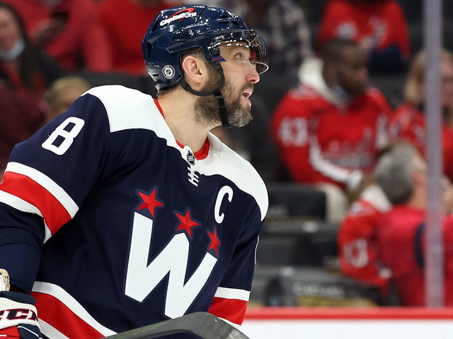 WASHINGTON, DC - JANUARY 26: Alex Ovechkin #8 of the Washington Capitals look on against the San Jose Sharks at Capital One Arena on January 26, 2022 in Washington, DC.