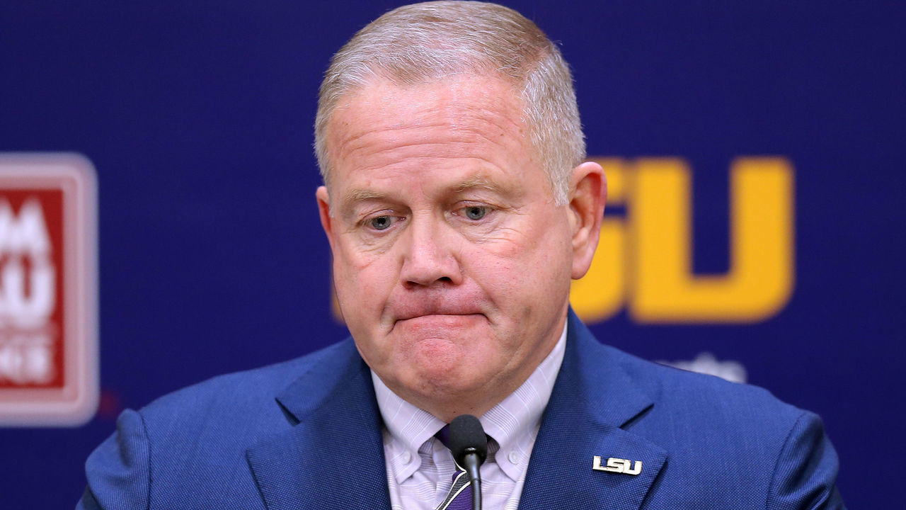 BATON ROUGE, LOUISIANA - DECEMBER 01: Brian Kelly speaks after being introduced as the head football coach of the LSU Tigers during a news conference at Tiger Stadium on December 01, 2021 in Baton Rouge, Louisiana.