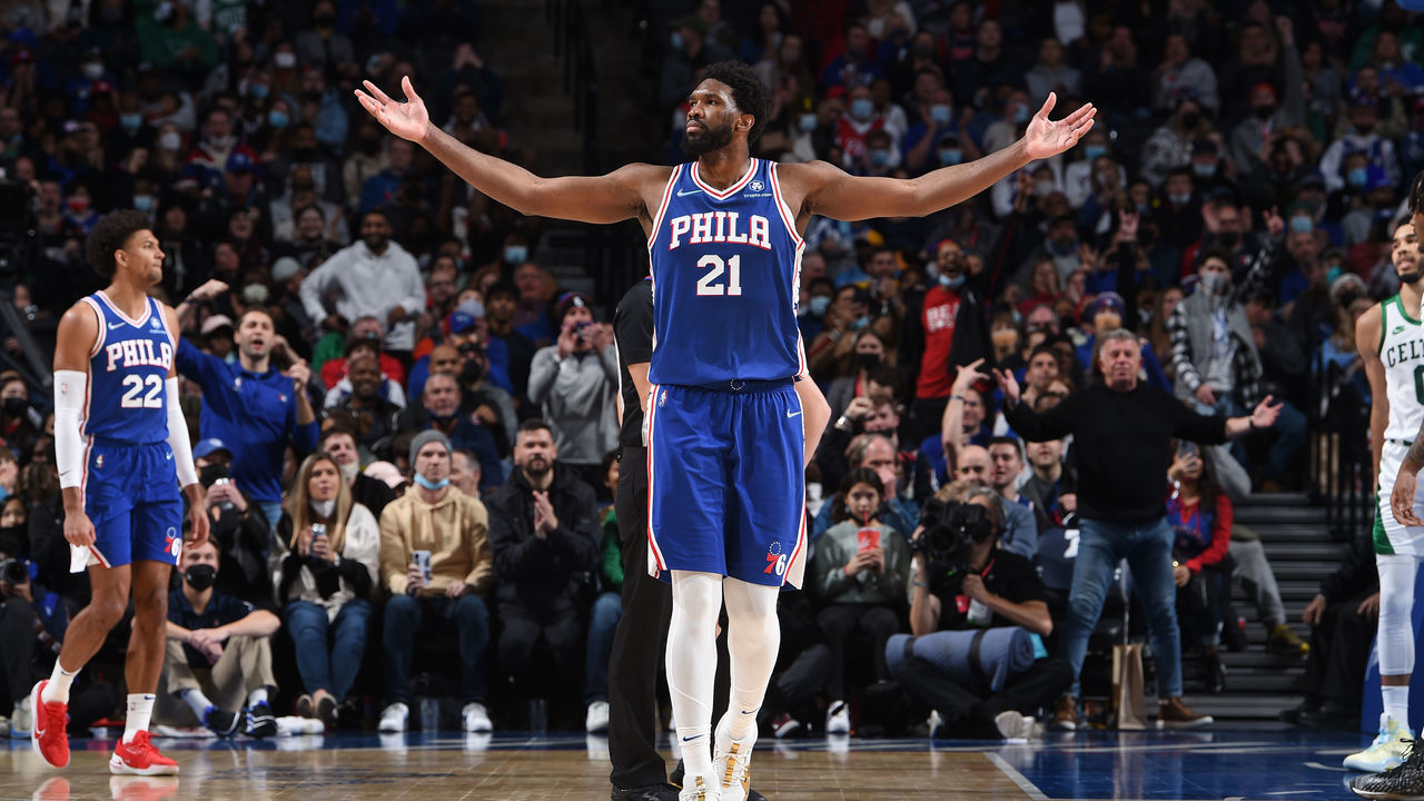 PHILADELPHIA, PA - JANUARY 14: Joel Embiid #21 of the Philadelphia 76ers reacts during a game against the Boston Celtics on January 14, 2022 at Wells Fargo Center in Philadelphia, Pennsylvania. NOTE TO USER: User expressly acknowledges and agrees that, by downloading and/or using this Photograph, user is consenting to the terms and conditions of the Getty Images License Agreement. Mandatory Copyright Notice: Copyright 2021 NBAE