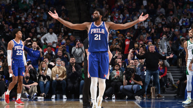 PHILADELPHIA, PA - JANUARY 14: Joel Embiid #21 of the Philadelphia 76ers reacts during a game against the Boston Celtics on January 14, 2022 at Wells Fargo Center in Philadelphia, Pennsylvania. NOTE TO USER: User expressly acknowledges and agrees that, by downloading and/or using this Photograph, user is consenting to the terms and conditions of the Getty Images License Agreement. Mandatory Copyright Notice: Copyright 2021 NBAE