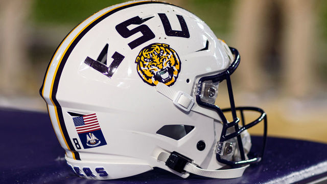 BATON ROUGE, LA - NOVEMBER 27: LSU Tigers helmets rest on the sideline during a game between the Texas A&M Aggies and the LSU Tigers, in Tiger Stadium in Baton Rouge, Louisiana on November 27, 2021