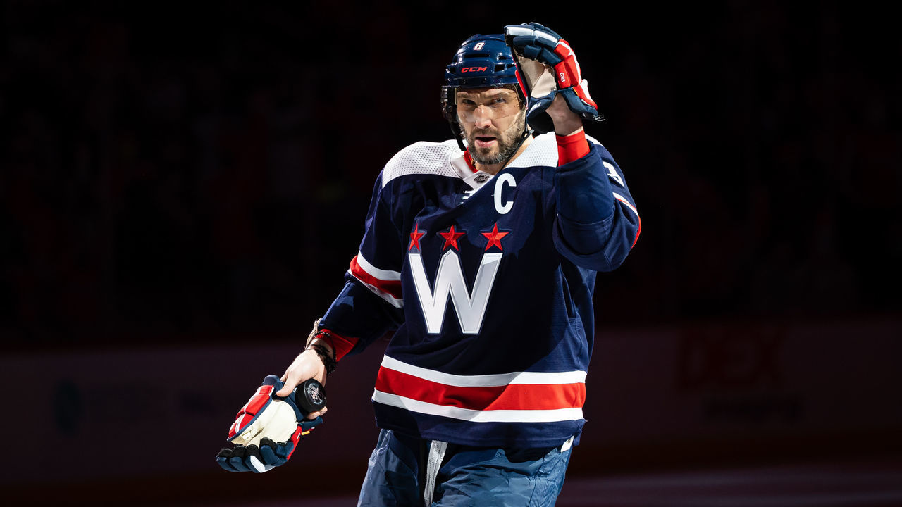 WASHINGTON, DC - JANUARY 22: Alex Ovechkin #8 of the Washington Capitals looks on after the game against the Ottawa Senators at Capital One Arena on January 22, 2022 in Washington, DC.