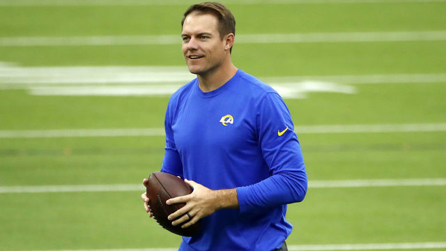 INGLEWOOD, CALIFORNIA - OCTOBER 24: Offensive coordinator Kevin O'Connell of the Los Angeles Rams looks on prior to the game against the Detroit Lions at SoFi Stadium on October 24, 2021 in Inglewood, California.