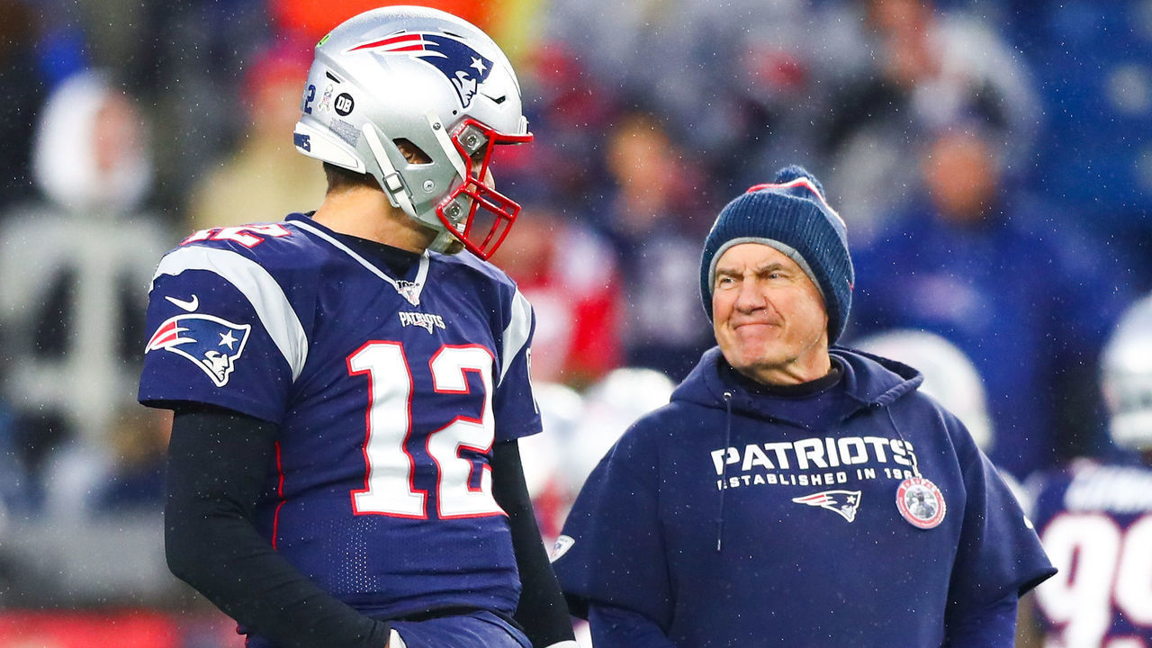 FOXBOROUGH, MA - NOVEMBER 24: Tom Brady #12 talks to head coach Bill Belichick of the New England Patriots before a game against the Dallas Cowboys at Gillette Stadium on November 24, 2019 in Foxborough, Massachusetts.