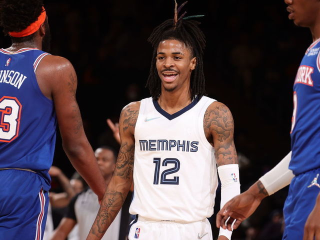 NEW YORK, NY - FEBRUARY 2: Ja Morant #12 of the Memphis Grizzlies smiles during the game against the New York Knicks on February 2, 2022 at Madison Square Garden in New York City, New York. Mandatory Copyright Notice: Copyright 2022 NBAE