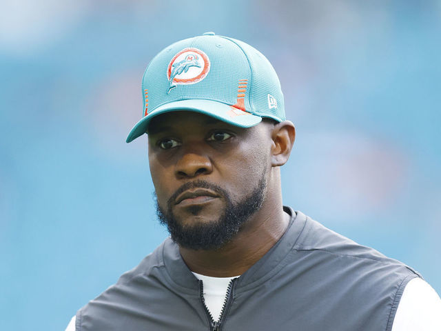 MIAMI GARDENS, FLORIDA - JANUARY 09: Head coach Brian Flores of the Miami Dolphins looks on prior to the game against the New England Patriots at Hard Rock Stadium on January 09, 2022 in Miami Gardens, Florida.