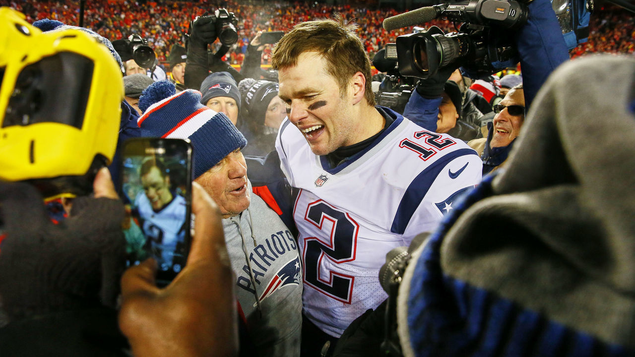 Football: AFC Playoffs: New England Patriots QB Tom Brady (12) victorious, with head coach Bill Belichick after winning game vs Kansas City Chiefs at Arrowhead Stadium. Kansas City, MO 1/20/2019 CREDIT: David E. Klutho (Set Number: X162438 TK1 )