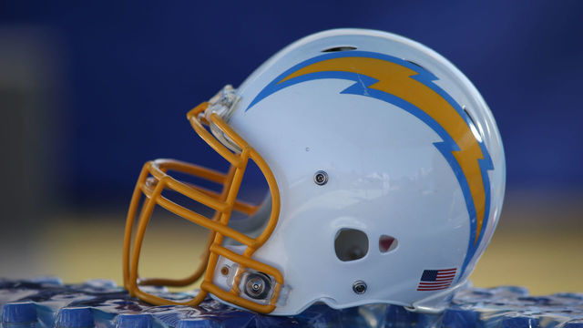 Costa Mesa, CA - JULY 29: Los Angeles Chargers helmet during the Los Angeles Chargers training camp on Thursday July 29, 2021, at Jack Hammett Sports Complex in Costa Mesa, CA.