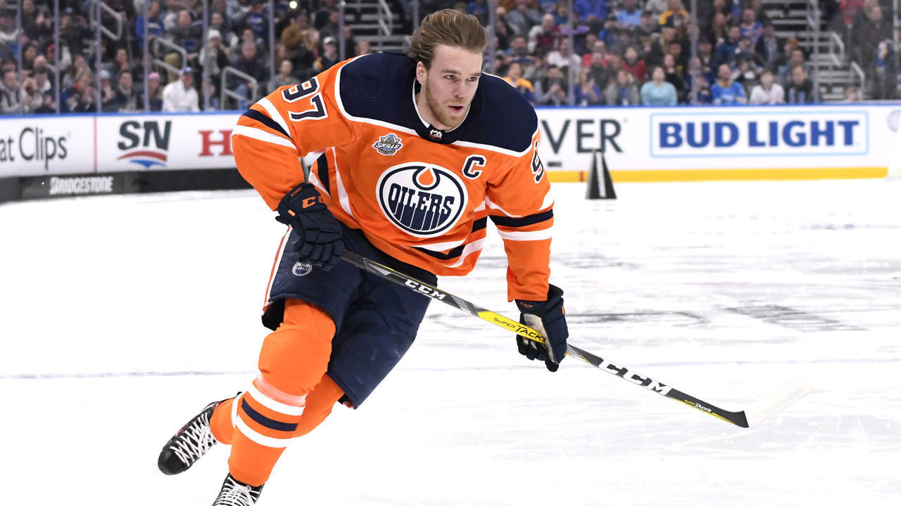 ST LOUIS, MISSOURI - JANUARY 24: Connor McDavid #97 of the Edmonton Oilers competes in the Bridgestone NHL Fastest Skater event during the 2020 NHL All-Star Skills competition at Enterprise Center on January 24, 2020 in St Louis, Missouri.