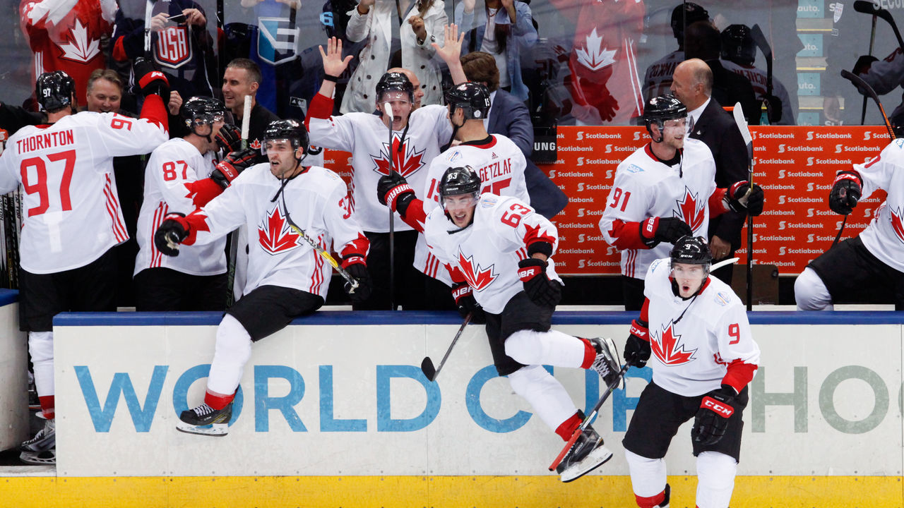 TORONTO , ON - SEPTEMBER 29: Forward Brad Marchand #63 of Team Canada celebrates after the 2-1 win against Team Europe during Game Two of the World Cup of Hockey final series at the Air Canada Centre on September 29, 2016 in Toronto, Canada.