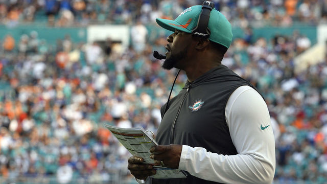 MIAMI GARDENS, FL - DECEMBER 05: Miami Dolphins coach Brian Flores looks on during the NFL football game between the New York Giants and the Miami Dolphins on December 5, 2021, at Hard Rock Stadium in Miami Gardens, Florida.